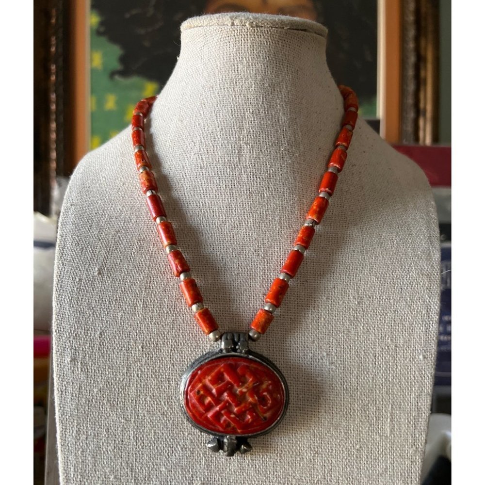 Tibetan Silver and Salmon Coral Necklace -- 15"